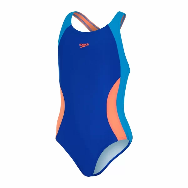 Speedo Eco Colourblock Spiritback Badeanzug Mädchen Blau – Hellblau – Orange 1